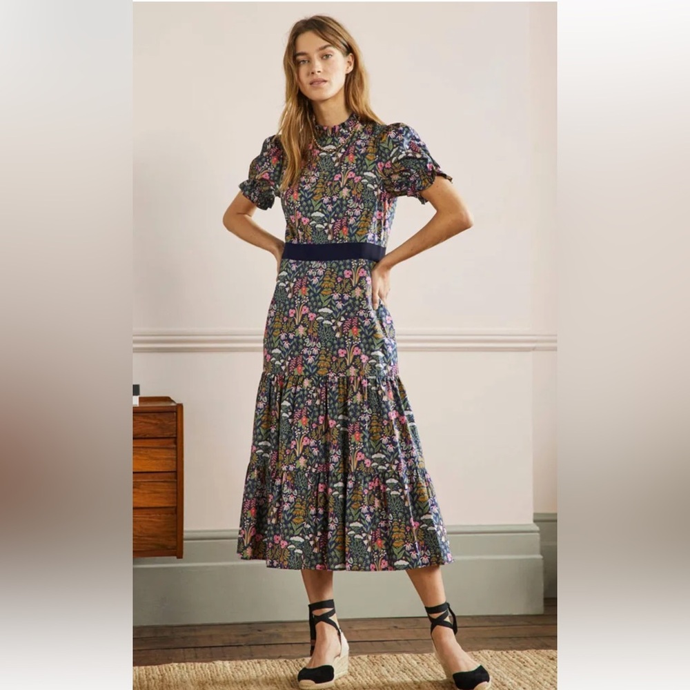 Boden Frill Neck Tiered Midi Dress Floral 14